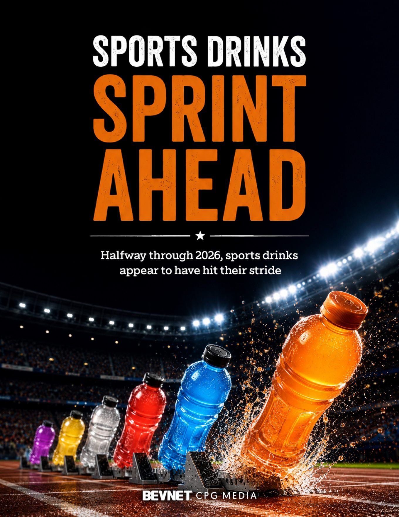 Sports drink bottles lined up in starting blocks on a running track